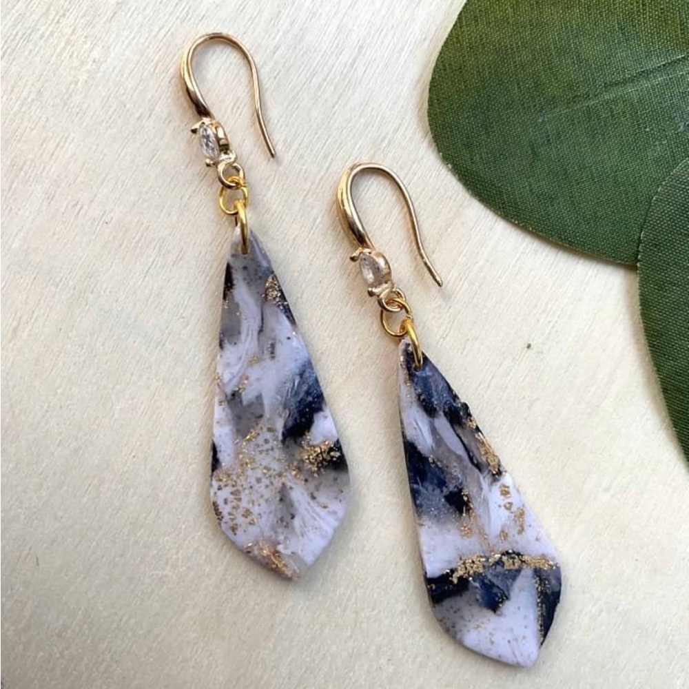 Gold-Tone Marble Teardrop Earrings in White & Black with Gold Accents